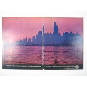 Westinghouse Mark IV Elevators Ad 2 Page Skyline Print NYC Vintage 1960s